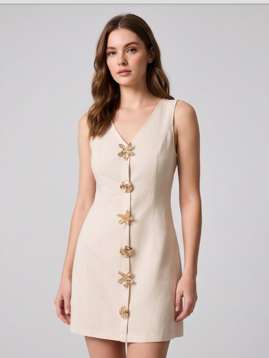 By Design Dresses & Skirts - LAST ONE 🔥 Linen-Blend V-Neck Mini Dress with Gold Nautical Starfish Hardware